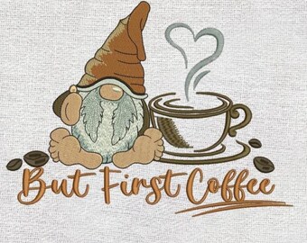 Coffee Gnome Embroidery Design: Teatowel Design (Digital Download)