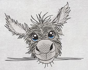 Diseño de bordado de burro divertido, diseño de bordado de animal de granja con sonrisa linda, descarga instantánea