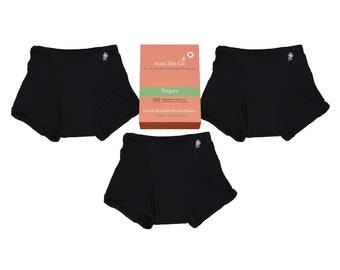 Reusable 5 Layer 3 Pack Heavy Flo Boyshorts Leakproof for Heavy Periods Postpartum Urinary Incontinence with Extended Front and Back Gusset