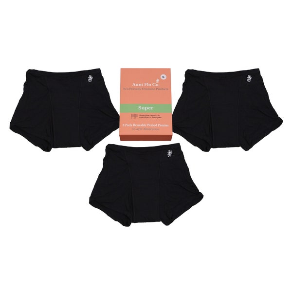 Lot de 3 petits shorts réutilisables Heavy Flo, résistants aux fuites et aux règles abondantes pour incontinence urinaire post-partum avec soufflet allongé à l'avant et à l'arrière