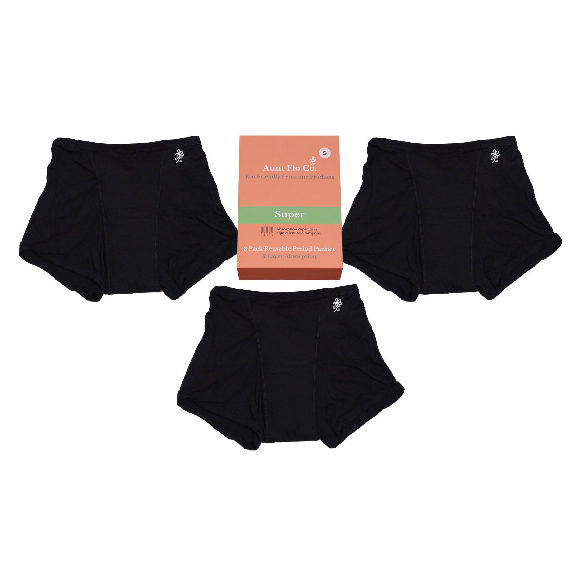 Reusable 5 Layer 3 Pack Heavy Flo Boyshorts Leakproof for Heavy Periods Postpartum Urinary Incontinence with Extended Front and Back Gusset