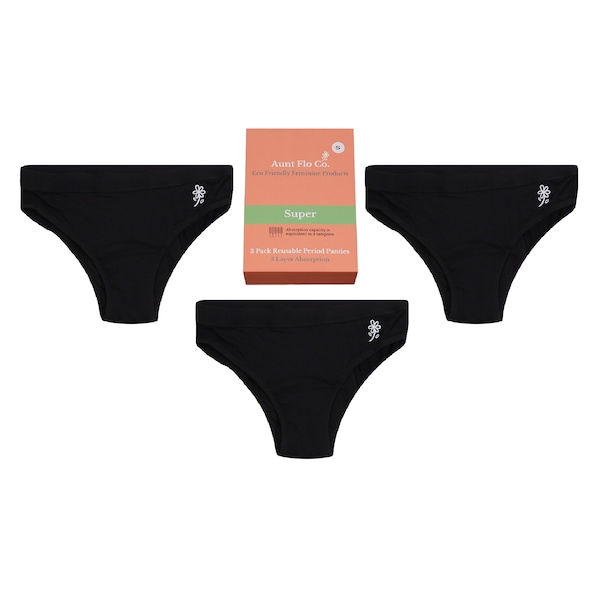 5 Layer 3 Pack Heavy Flo Mid-Rise Bikinis Leakproof Reusable Panties Heavy Periods Postpartum Urinary Incontinence Extended Back Gusset