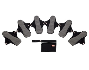 Juego de 6 compresas reutilizables grandes Aunt Flo Co: compresas de 4 capas antifugas para la menstruación, incontinencia posparto, incluye bolsa húmeda.