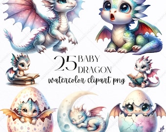 Könnte beinhalten: Ein Set mit 25 Aquarell-Clipart-Bildern von Baby-Drachen in verschiedenen Posen. Die Drachen sind in verschiedenen Farben dargestellt, darunter Blau, Grün, Pink und Weiß. Einige Drachen sind beim Fliegen, Schlafen, Lesen oder Schlüpfen aus Eiern zu sehen. Der Text "25 Baby Dragon Watercolor Clipart PNG" ist im Bild enthalten.