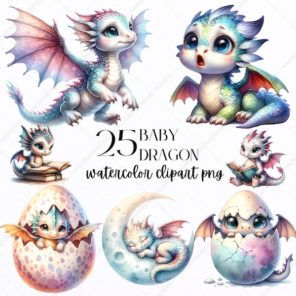 Baby Dragon PNG Clipart, Kawaii dragon PNG, Cute dragon PNG Clipart, watercolor clipart, Magic dragon Clipart, Clipart bundle