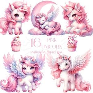 Pink Unicorn PNG Clipart, Kawaii Unicorn, Cute Unicorn Clipart, watercolor clipart, Magic Unicorn Clipart, Clipart bundle