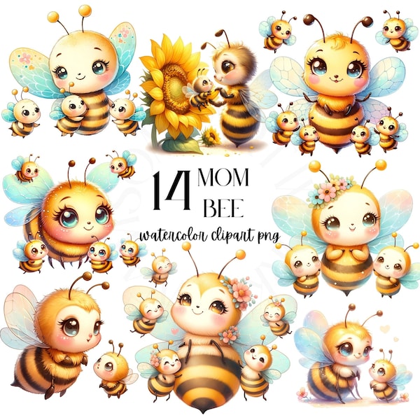 Bee mom PNG Clipart, Kawaii honey bee png, Cute watercolor Clipart, watercolor clipart sublimation, Honey bee Clipart bundle.