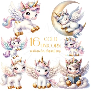 Gold Unicorn PNG Clipart, Kawaii Unicorn, Cute Unicorn Clipart, watercolor clipart, Magic Unicorn Clipart, Clipart bundle