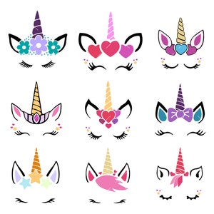May include: Nine different unicorn face designs with various decorations, including flowers, hearts, stars, and bows. The unicorn faces are all white with black outlines and closed eyes.