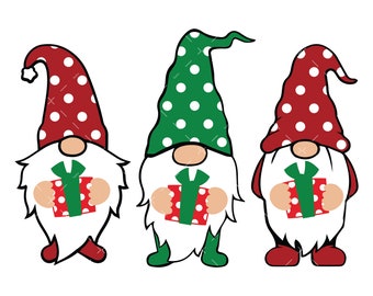 May include: Three gnomes with white beards and red and green hats holding red and green gift boxes with white polka dots.