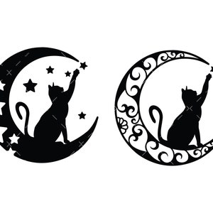 May include: Two black silhouette images of a cat reaching for a star on a crescent moon. The moon on the left has a simple design, while the moon on the right has a more ornate design.