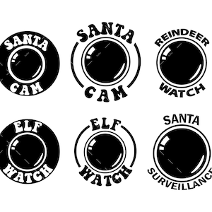 以下が含まれることがあります： カメラのレンズとテキストが書かれた、黒と白の円形のデザインが6つ。デザインには、「サンタ・カム」、「サンタ・カム」、「トナカイ・ウォッチ」、「エルフ・ウォッチ」、「エルフ・ウォッチ」、「サンタ・サーベイランス」と書いてあります。