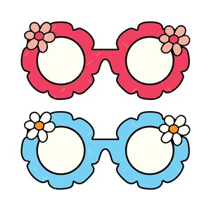 May include: Two pairs of sunglasses with flower accents. One pair is pink with white flowers and the other is blue with white flowers.