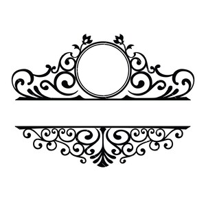 May include: A black and white decorative frame with a circular space in the center. The frame is made of ornate swirls and flourishes.