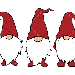 Könnte beinhalten: Drei rote und weiße Gnome mit weißen Bärten und roten Mützen. Die Gnome stehen in einer Reihe.