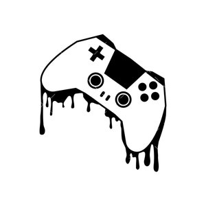 May include: A black and white illustration of a video game controller with dripping paint. The controller has a cross button, two analog sticks, and four face buttons.