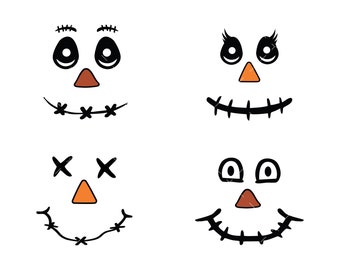 May include: Four different Halloween-themed faces with various expressions. Each face has a stitched mouth, eyes, and a triangular nose.
