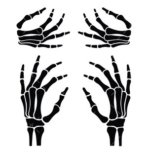 May include: Four black skeletal hands in different poses. The hands are stylized and detailed, with visible bones and joints.