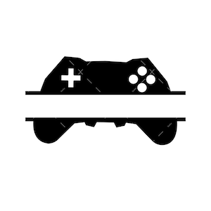 May include: Black and white silhouette of a video game controller split in half horizontally with a blank space in the middle for text.