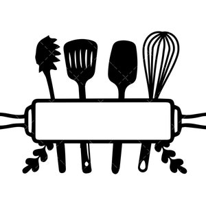 May include: Black and white illustration of kitchen utensils, including a whisk, spatula, and rolling pin. The rolling pin has a blank rectangular space in the middle. Decorative leaves are at the bottom.