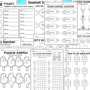 May include: A set of printable worksheets for kids to practice addition and subtraction. The worksheets feature summer themes like ice cream, popsicles, seashells, and surfing. The worksheets are black and white and have a fun, playful design.