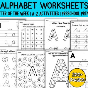 May include: Alphabet worksheets for preschool, featuring the letter "A". Includes tracing, coloring, mazes, and dot marker activities. The worksheets are black and white and feature the text "200+ PAGES".