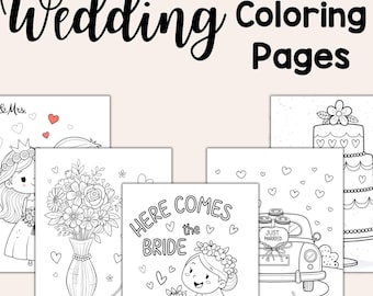 May include: A collection of black and white wedding coloring pages. The pages feature illustrations of a bride, wedding cake, flowers, and a car with the text "Just Married." The text "Wedding Coloring Pages" and "12 Pages Instant Download" are also visible.