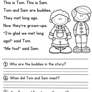 Puede incluir: Ilustración en blanco y negro de dos amigos, Tom y Sam, que son amigos. El texto dice "Este es Tom. Este es Sam. Tom y Sam son amigos. Se conocieron hace mucho tiempo. Ahora son adultos. "¡Me alegro de que nos hayamos conocido hace mucho tiempo!" dijo Tom. "¡Yo también!" dijo Sam."