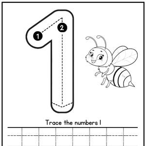 May include: Black and white printable worksheet featuring a number 1 with dotted lines for tracing. The worksheet includes the text "Trace the numbers 1" and a cartoon bee illustration.