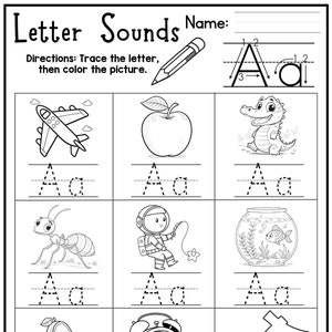 26 hojas de trabajo imprimibles con los sonidos de las letras del alfabeto. Escritura a mano y fonética para jardín de infantes. Trazar y colorear el alfabeto