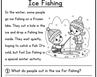 May include: Black and white illustration of two children ice fishing on a frozen lake. The text reads: "Ice Fishing. In the winter, some people go ice fishing on a frozen lake. They cut a hole in the ice and drop a fishing line inside. They wait quietly, hoping to catch a fish. It's cold, but fun! Ice fishing is a special winter activity."