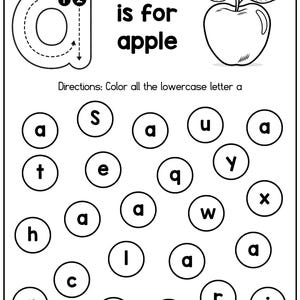May include: A black and white educational worksheet featuring a large lowercase letter a with directional arrows, an apple illustration, and the text a is for apple. Below, a grid of circles contains various letters for students to identify.