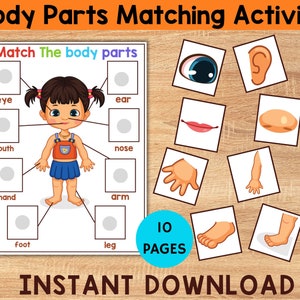 Juego de combinación de partes del cuerpo Actividad imprimible, Páginas de libros ocupadas para niños pequeños, Carpeta de aprendizaje