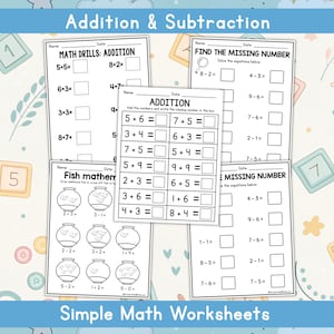 30 hojas de trabajo imprimibles de suma para completar los espacios en blanco (números del 1 al 20) para matemáticas de kínder, 1.er y 2.º grado. Hojas de trabajo de suma.