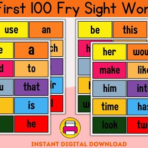 100 cartes-éclair imprimables pour les cent premiers mots de Fry. Mots à vue de la maternelle à la 1re année. École maternelle à la maison, cartes préscolaires apprentissage des cartes de mots