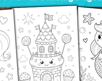 May include: Three black and white coloring pages featuring kawaii-style illustrations. One shows a girl with pigtails, another a castle with lollipops, and the third a mermaid. The banner at the top reads "50 Kawaii Coloring Pages."