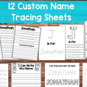 May include: A set of 12 custom name tracing sheets for the name "Jonathan". The sheets include name tracing practice, letter tracing, and a name book with a pencil illustration. The text "I Can Write My Name" is also visible.