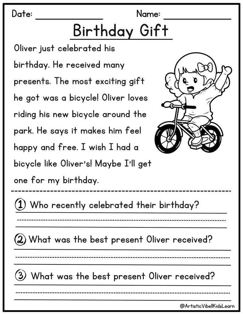 Reading Comprehension Printable Kindergarten First Grade Worksheets ...