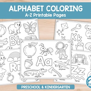 Peut inclure: Un ensemble de 26 pages de coloriage de l'alphabet à imprimer pour la maternelle. Chaque page présente des illustrations en noir et blanc d'objets correspondant aux lettres de A à Z, incluant une pomme, une fourmi, un ours et une fermeture éclair.