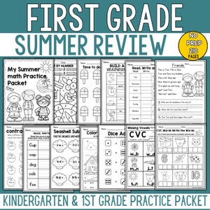 First Grade Summer Packet | Summer Review Worksheets | Math Reading Phonics Activities | Kindergarten Review | 210 Page Printable