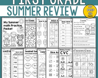 First Grade Summer Packet | Summer Review Worksheets | Math Reading Phonics Activities | Kindergarten Review | 210 Page Printable