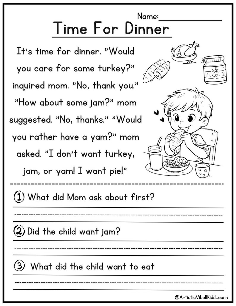 Children reading worksheet with a dinnertime scene featuring a boy and  multiple choice questions edating chicken with juice inimage passge of its time for dinner of turkey mom ask you want jam and kid say i dont want turkey
