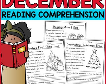 May include: Black and white printable reading comprehension worksheets for December featuring Santa Claus, a Christmas tree, and a family wrapping presents. The worksheets include questions about the text.