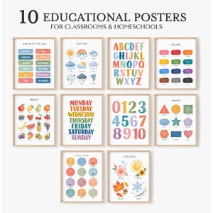 Bundel educatieve posters, klasdecor, montessori-peuterafdrukken, speelkamerkunst aan de muur, kleuterschool, vormen alfabet, cijfers
