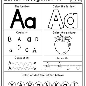 May include: Black and white letter recognition worksheet for the letter "A". Includes tracing, coloring, and circling activities. Features an apple illustration and the text "Letter Recognition: A".