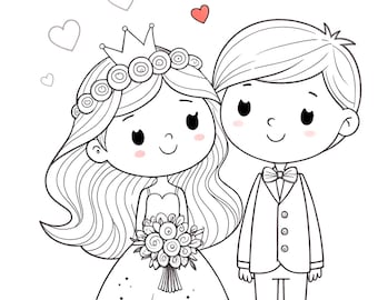 May include: A black and white illustration of a bride and groom. The bride wears a crown and holds a bouquet. The groom wears a suit and bow tie. The words "Mr. & Mrs." are at the top, with hearts scattered around.