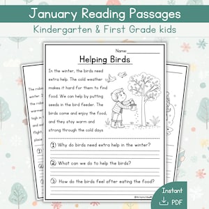 Reading Comprehension Worksheets Kindergarten First Grade, January | 40+ Stories, Instant Download
