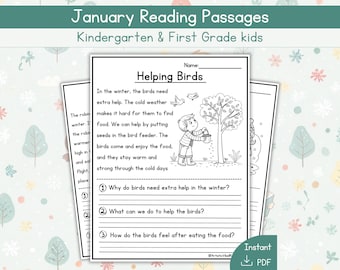 Reading Comprehension Worksheets Kindergarten First Grade, January | 40+ Stories, Instant Download