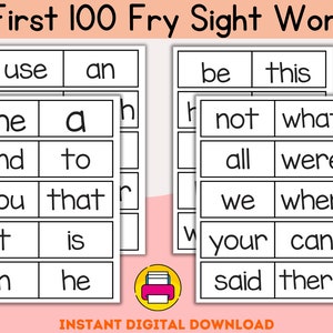 100 cartes-éclair imprimables pour les cent premiers mots de Fry. Mots à vue de la maternelle à la 1re année. Flashcards haute fréquence.