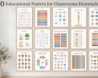 Bunt med pedagogiska posters, klassrumsdekor, Montessori-tryck för småbarn, väggkonst för lekrum, förskola, alfabetssiffror och former